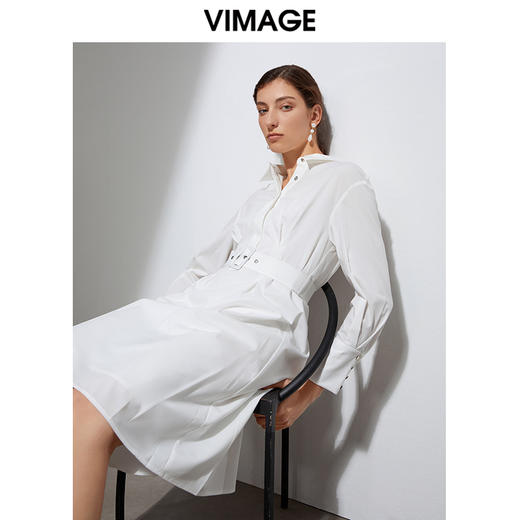 VIMAGE纬漫纪品牌女装春季新款收腰显瘦纯色文艺衬衫连衣裙女VA2107109 商品图0