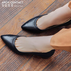 安启美奈春款真皮高跟鞋羊皮舒适浅口单鞋百搭套脚小皮鞋