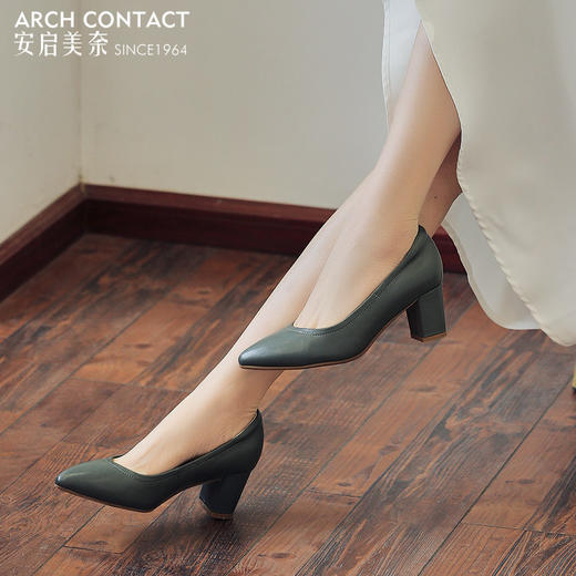安启美奈春款真皮高跟鞋羊皮舒适浅口单鞋百搭套脚小皮鞋 商品图1