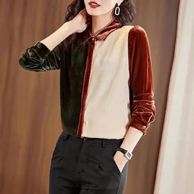 CS-73089新款真丝绒翻领单排扣三色拼接桑蚕丝上衣
