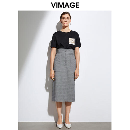 VIMAGE纬漫纪夏季新款通勤显瘦高腰格纹排扣包臀半身裙女裙VA2106101 商品图0