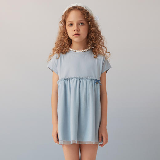 【纯棉网纱拼接裙】夏新品女童短袖中长款连衣裙时尚网纱拼接圆领裙 商品图2