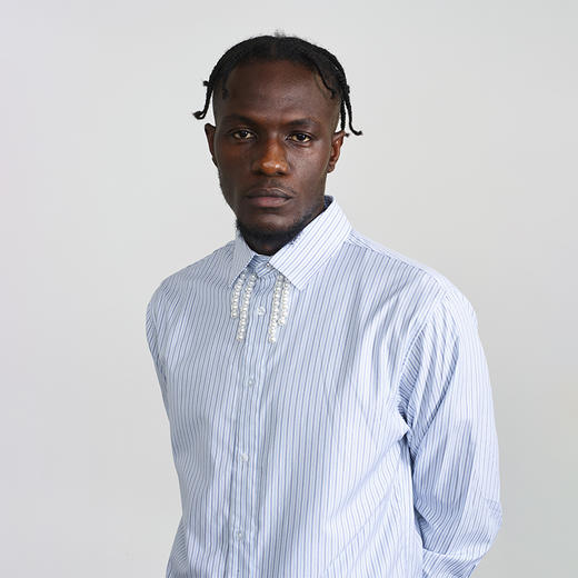 Unawares .FW20 珍珠链镶嵌条纹长袖衬衫 商品图2