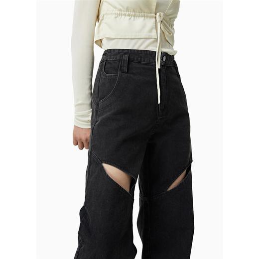 FIRSTFLOOR镂空分割线结构黑牛仔裤高腰小众设计复古宽松廓形堆积 商品图2