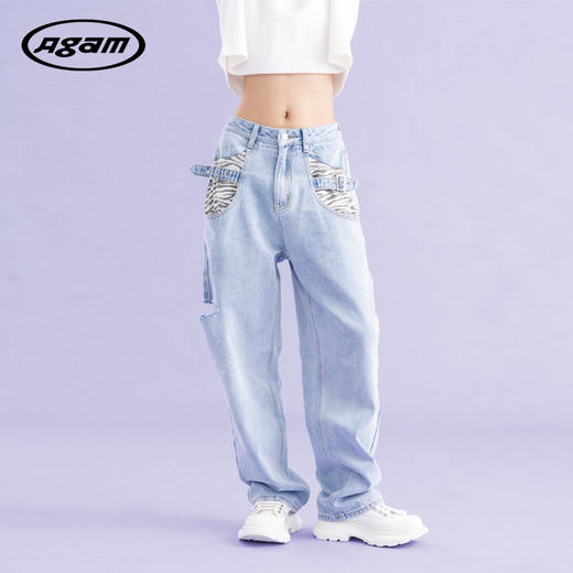 AGAM STUDIO 甜辣复古经典老爹破洞斑马纹直筒大口袋阔腿牛仔裤 商品图0
