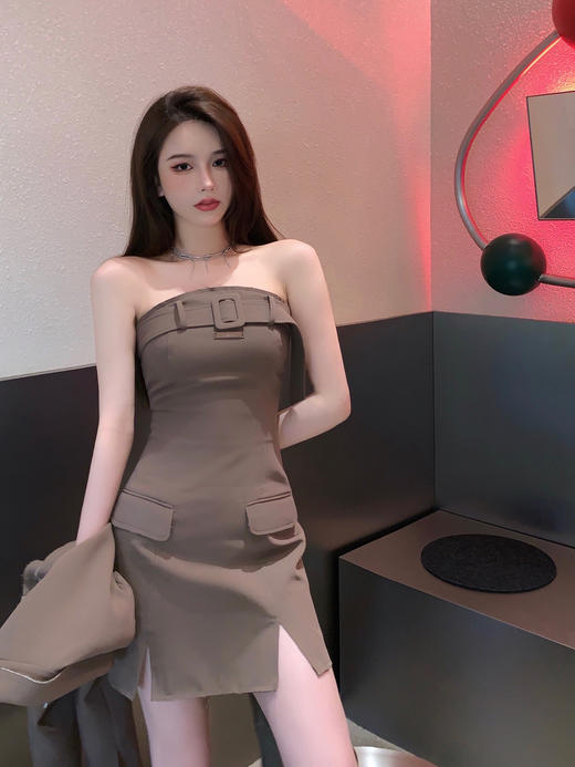 AGAM STUDIO原创 高级质感 早春咖色系带西装毛边抹胸连衣裙 商品图2