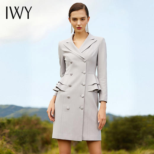 IWY/时尚灰蓝色设计感连衣裙女时尚气质名媛职业修身双排扣通勤商务装203064Q1 商品图1