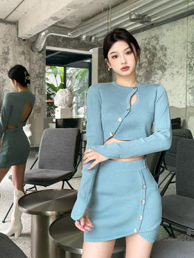 AGAM STUDIO 原创性感露背分体式针织长袖上衣包臀短裙套装连衣裙