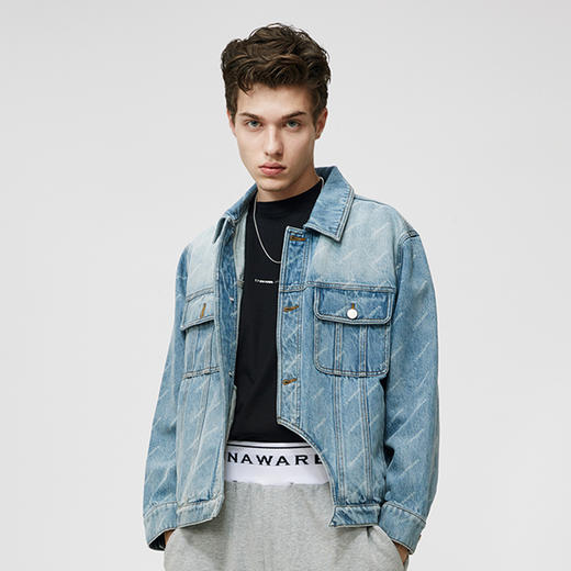 Unawares SS21 弧形缺失剪裁满版提花牛仔夹克 商品图2