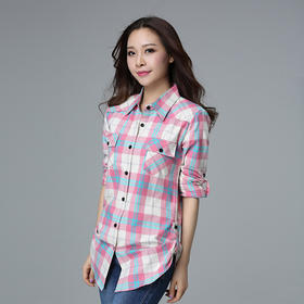上海旗袍厂CD-B303038春季新品女装纯棉磨毛中长款格子衬衫女长袖衬衣大码外套