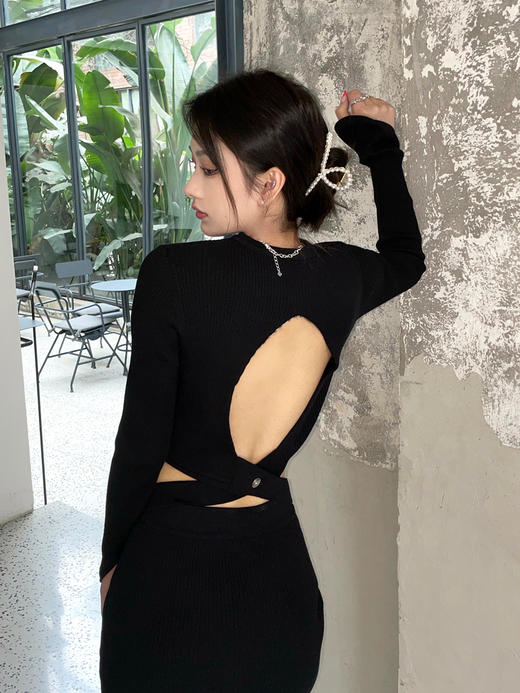 AGAM STUDIO 原创性感露背分体式针织长袖上衣包臀短裙套装连衣裙 商品图4