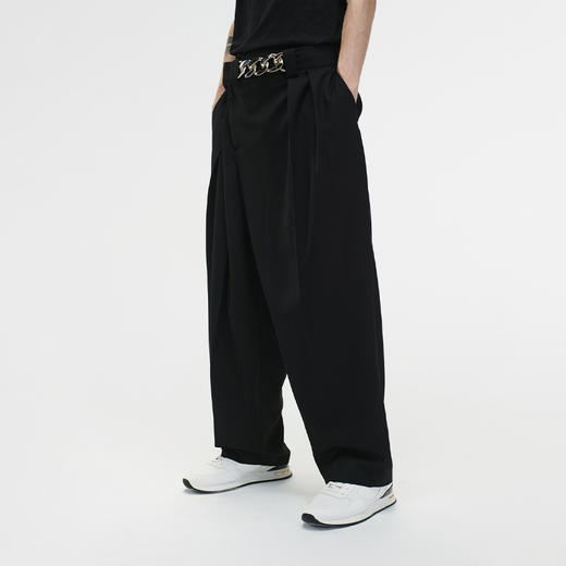 Unawares FW20 粗链镶嵌旋钮结构双褶宽松长西裤 商品图0