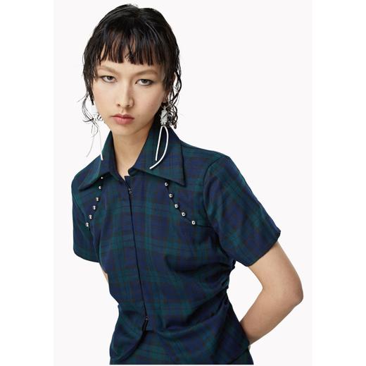 FIRSTFLOOR原创复古褶皱收腰短袖衬衫格子不规则分割线设计夏季 商品图2