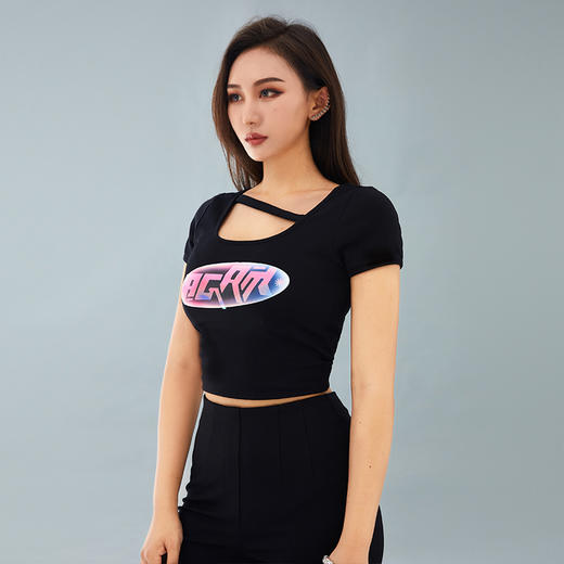 AGAM 20SS 设计感个性印花性感方领镂空修身露脐短袖T恤女潮 商品图3