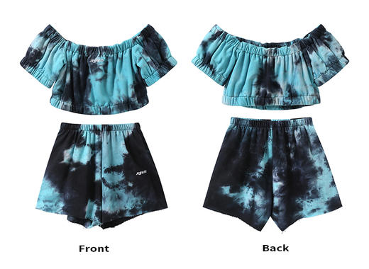 AGAM 20SS 扎染一字肩性感辣妹泡泡袖抹胸高腰短裤休闲两件套装女 商品图4