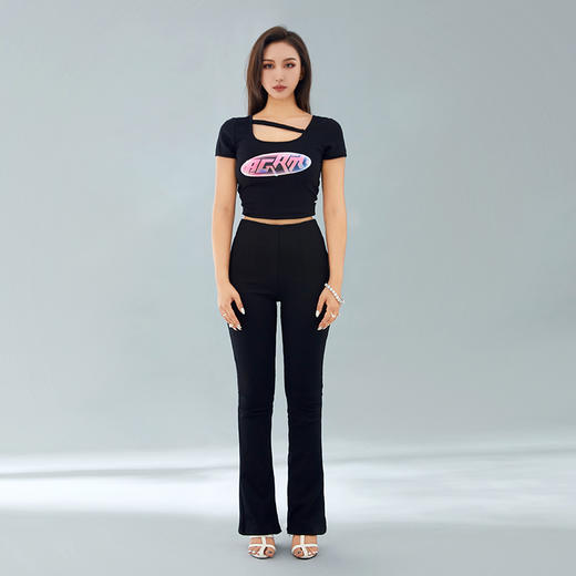 AGAM 20SS 设计感个性印花性感方领镂空修身露脐短袖T恤女潮 商品图1