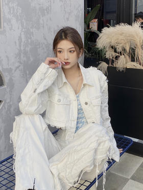 AGAMSTUDIO 21SS原创 可拆卸链条设计感毛边白色百搭牛仔短外套女