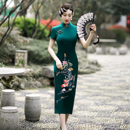 中国风绣花刺绣，醋酸长款旗袍裙GSJ-349 商品图1