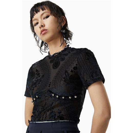 FIRSTFLOOR烧花设计感y2k复古小众重工打底紧身短袖气质暗纹上衣 商品图3