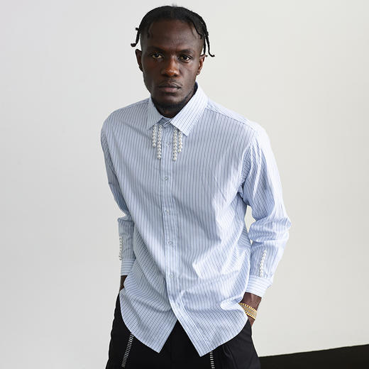 Unawares .FW20 珍珠链镶嵌条纹长袖衬衫 商品图1