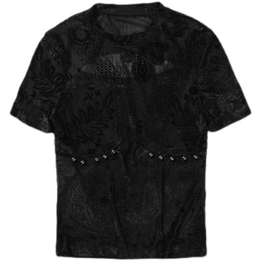 FIRSTFLOOR烧花设计感y2k复古小众重工打底紧身短袖气质暗纹上衣 商品图4