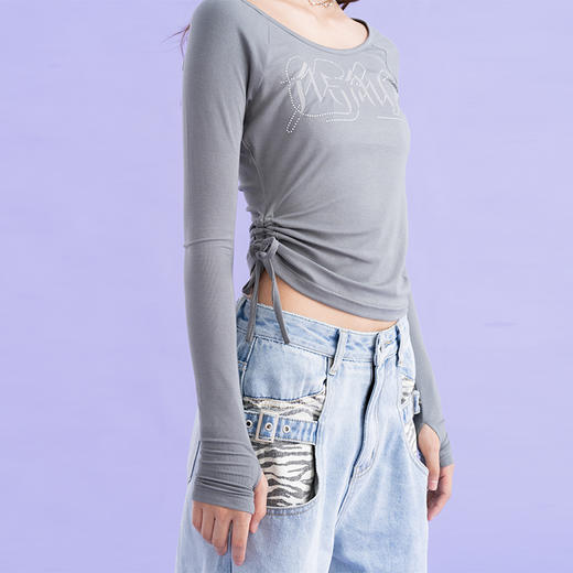 AGAM STUDIO 辣妹甜心紧身性感buling烫钻打底衫印花抽褶长袖上衣 商品图3