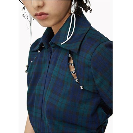 FIRSTFLOOR原创复古褶皱收腰短袖衬衫格子不规则分割线设计夏季 商品图3