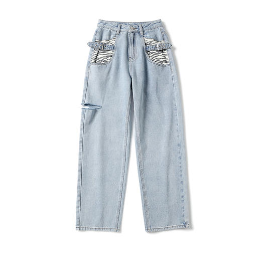 AGAM STUDIO 甜辣复古经典老爹破洞斑马纹直筒大口袋阔腿牛仔裤 商品图4