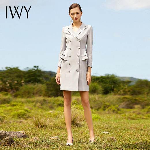 IWY/时尚灰蓝色设计感连衣裙女时尚气质名媛职业修身双排扣通勤商务装203064Q1 商品图0
