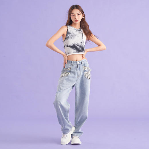 AGAM STUDIO 甜辣复古经典老爹破洞斑马纹直筒大口袋阔腿牛仔裤 商品图3