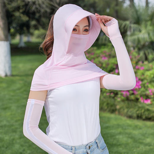 GRH-A04连帽防晒面罩女夏天遮阳护颈带帽檐骑车钓鱼纯色弹性冰丝面罩 商品图3