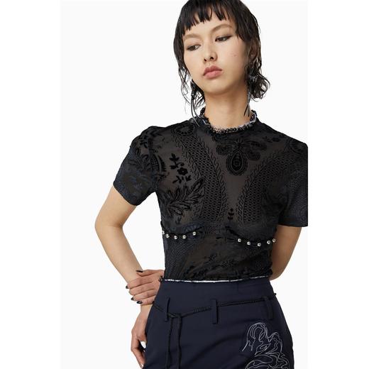 FIRSTFLOOR烧花设计感y2k复古小众重工打底紧身短袖气质暗纹上衣 商品图0