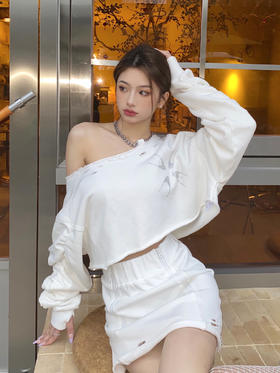 AGAMSTUDIO原创烫钻性感炸街露肩链条短卫衣半裙套装上衣宽松百搭