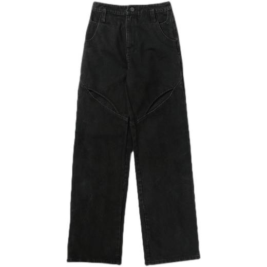 FIRSTFLOOR镂空分割线结构黑牛仔裤高腰小众设计复古宽松廓形堆积 商品图4