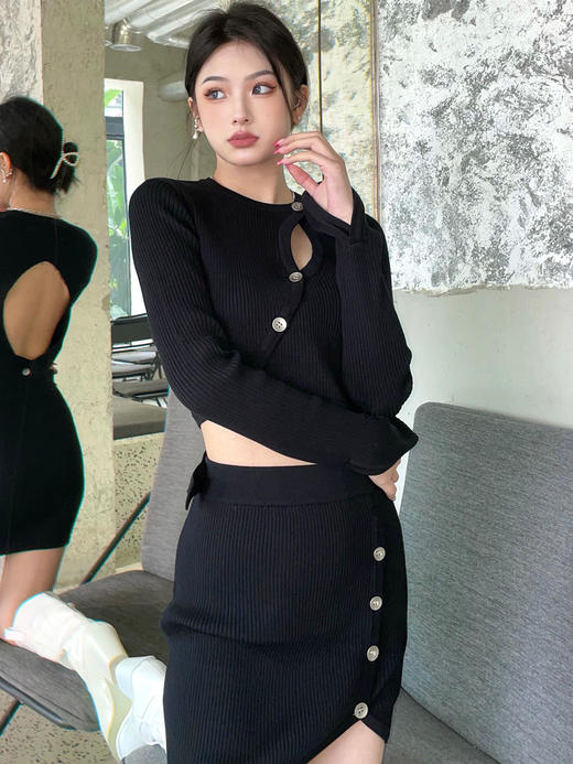 AGAM STUDIO 原创性感露背分体式针织长袖上衣包臀短裙套装连衣裙 商品图1