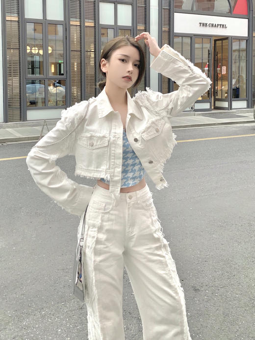 AGAMSTUDIO 21SS原创 可拆卸链条设计感毛边白色百搭牛仔短外套女 商品图2