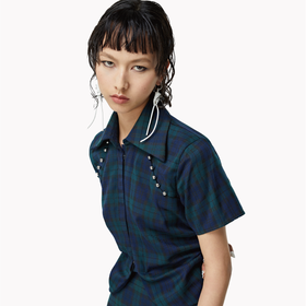 FIRSTFLOOR原创复古褶皱收腰短袖衬衫格子不规则分割线设计夏季