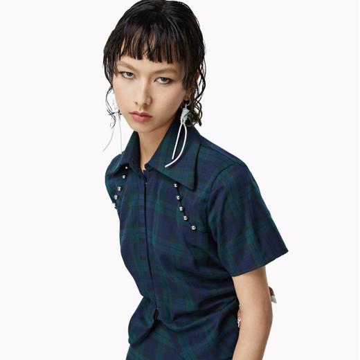FIRSTFLOOR原创复古褶皱收腰短袖衬衫格子不规则分割线设计夏季 商品图0