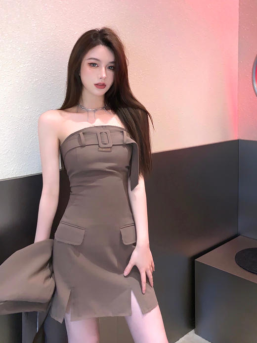 AGAM STUDIO原创 高级质感 早春咖色系带西装毛边抹胸连衣裙 商品图0
