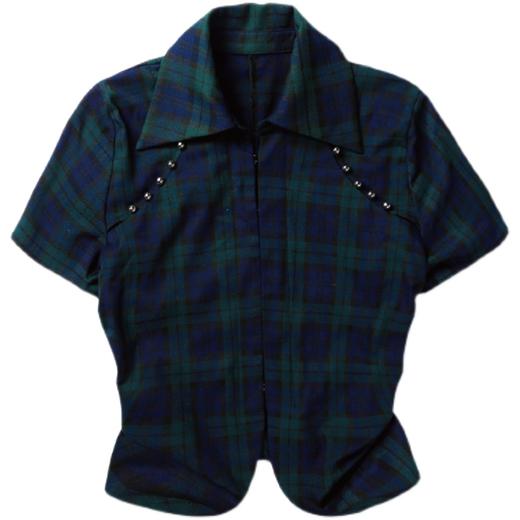 FIRSTFLOOR原创复古褶皱收腰短袖衬衫格子不规则分割线设计夏季 商品图4