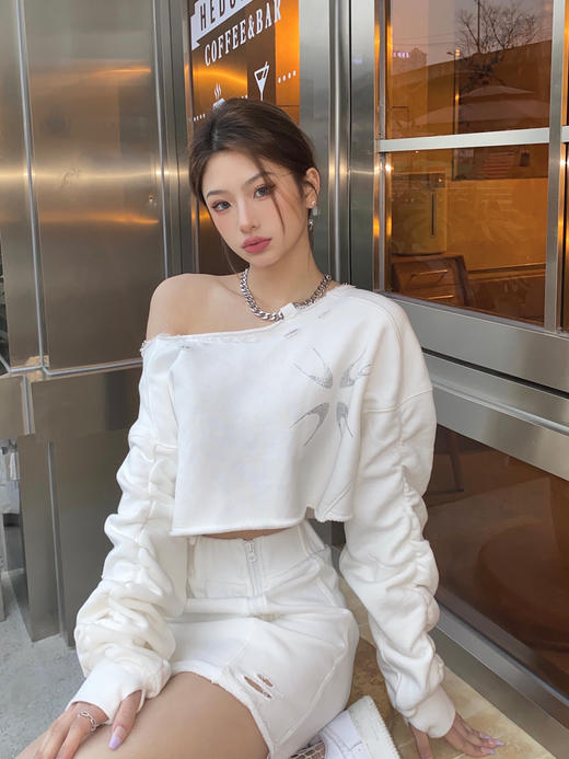 AGAMSTUDIO原创烫钻性感炸街露肩链条短卫衣半裙套装上衣宽松百搭 商品图1