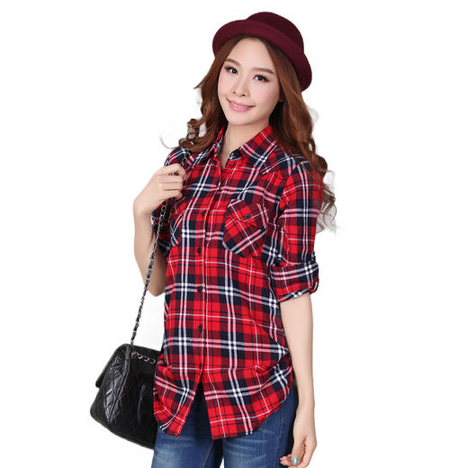 上海旗袍厂CD-B303001纯棉磨毛中长款格子衬衫女长袖春季新品女装衬衣大码开衫外套 商品图2