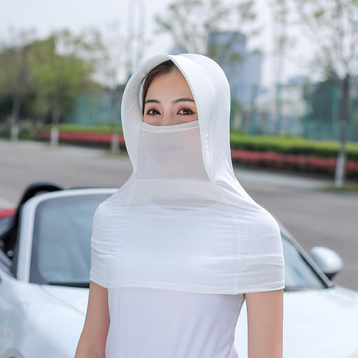 GRH-A04连帽防晒面罩女夏天遮阳护颈带帽檐骑车钓鱼纯色弹性冰丝面罩 商品图2