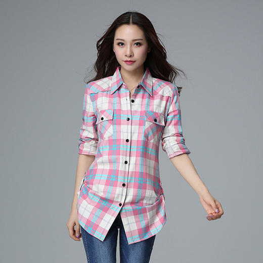 上海旗袍厂CD-B303038春季新品女装纯棉磨毛中长款格子衬衫女长袖衬衣大码外套 商品图2