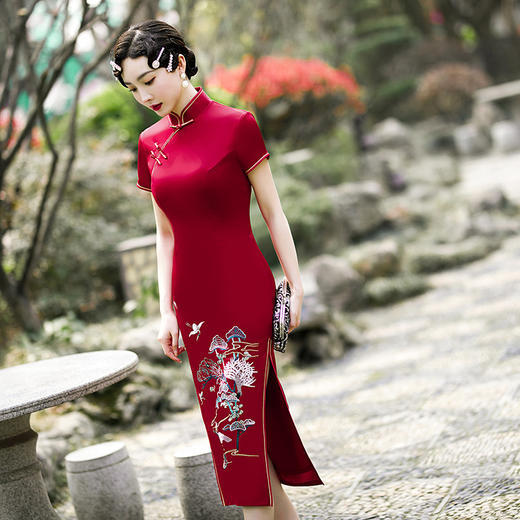 中国风绣花刺绣，醋酸长款旗袍裙GSJ-349 商品图3