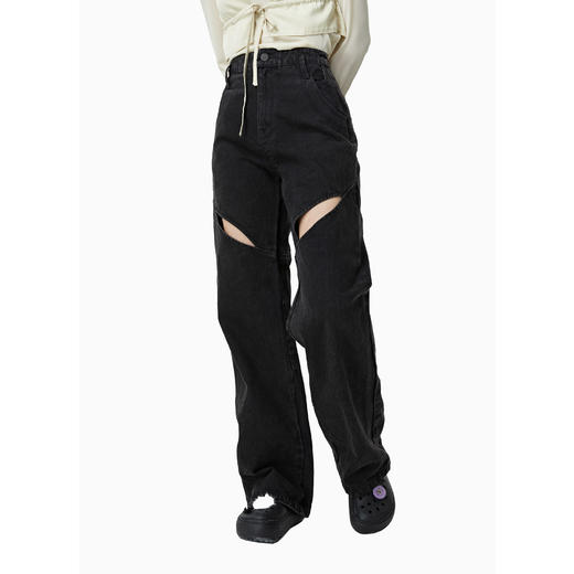 FIRSTFLOOR镂空分割线结构黑牛仔裤高腰小众设计复古宽松廓形堆积 商品图1