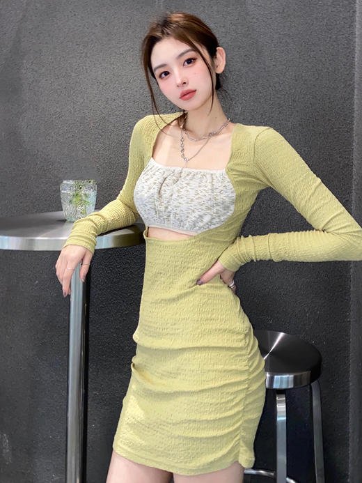 AGAM STUDIO原创 镂空设计芥绿方领露背连衣裙包臀修身显瘦 商品图3