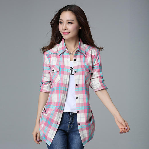 上海旗袍厂CD-B303038春季新品女装纯棉磨毛中长款格子衬衫女长袖衬衣大码外套 商品图1