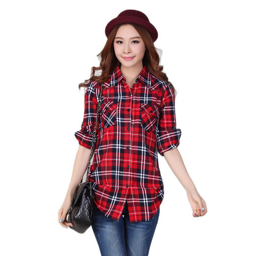 上海旗袍厂CD-B303001纯棉磨毛中长款格子衬衫女长袖春季新品女装衬衣大码开衫外套 商品图0