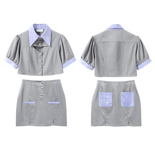 AGAM 20SS 复古辣妹拼色西装镂空刺绣泡泡袖分体套装半身裙两件套 商品图4